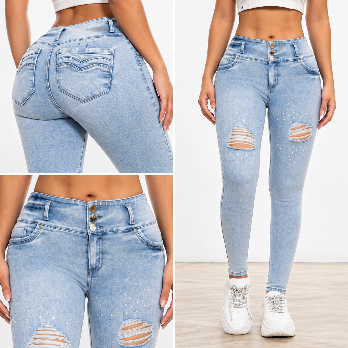 Jeans colombiano skinny tiro medio levanta cola celeste con rotos en las rodillas y strass, vista frontal y trasera