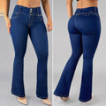 Jeans colombiano levanta cola bota campana azul oscuro con pretina de tres botones, vista frontal y trasera